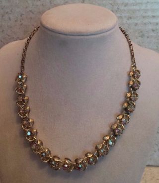 Vintage Aurora Borealis Rhinestone Choker Necklace Gold Tone Chain Floral 13
