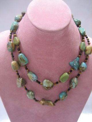 Gorgeous Vintage Sterling Silver Turquoise Chunk Tigers Eye Bead Necklace