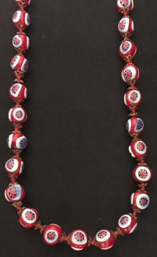 Vtg Venetian Murano Red White Blue Star Millefiori Glass Bead Necklace Long 25 "