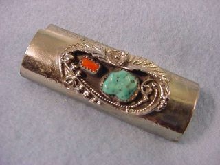 Vintage Nickle Silver Coral & Turquoise Lighter Cover