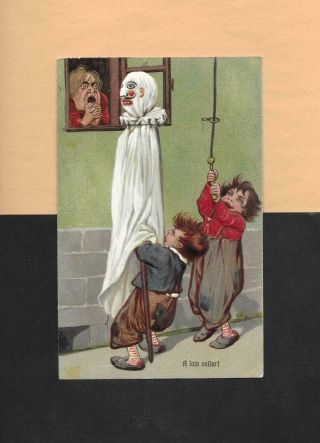 Children Play Ghost Prank On Colorful Pfb Vintage 1908 Halloween Postcard