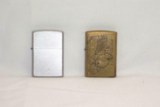2 Vintage Zippo Lighters Brass American Eagle & Plain Silver Tone