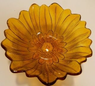 Vintage Embossed Indiana Sunflower Amber Glass Bowl 7 " X 7 " X 2.  5 "