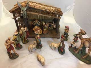 Vintage German? Nativity Set Christmas Manger Scene 15 Figures Made In Italy