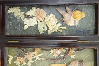 Vintage Asian Oriental Folding Panel Screen Lacquer Wood Carved Jade 2