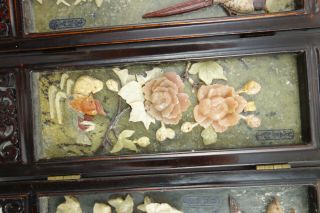 Vintage Asian Oriental Folding Panel Screen Lacquer Wood Carved Jade 4