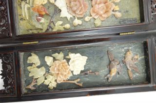Vintage Asian Oriental Folding Panel Screen Lacquer Wood Carved Jade 5