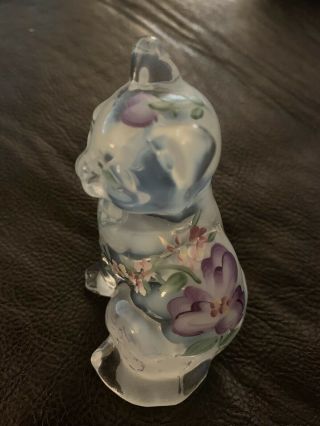 Vintage Fenton Art Glass White Opalescent Cat Hand Painted Flowers Signed