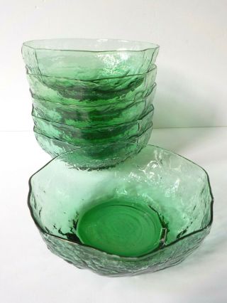 Seneca Morgantown Driftwood Pattern Apple Green Glass Crinkle Bowls Six Vintage