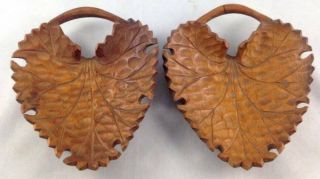 2x Vtg Old Wood Carved Leaves Dish Treen Leaf Rustic Candy Nuts Nibbles