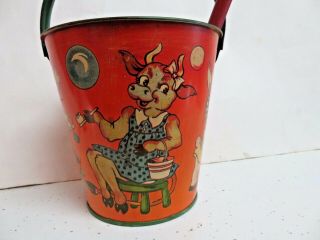 Antique Vintage T.  Cohn Tin Litho Sand Pail W/ Shovel Animals Duck Cow Pig Etc.