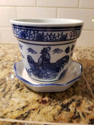 Vintage Blue And White Rooster Flower Pot Planter