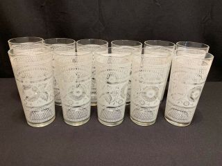 Set Of 11 Vintage Heavy Glass Tumblers White Floral 6 1/2 " Tall