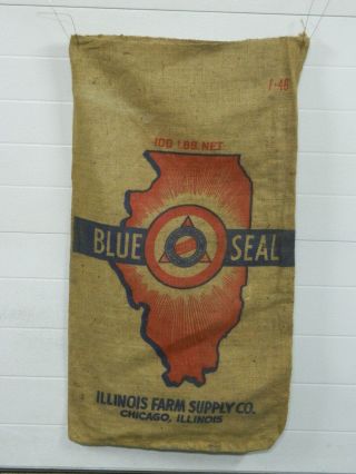 Vintage Illinois Farm Supply Company Blue Seal 100lb Burlap Seed Sacks