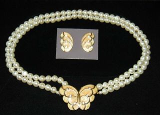 Vtg Kjl Kenneth J Lane Necklace Earrings Butterfly Rhinestone Enamel Faux Pearl