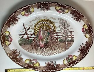 Vintage " King Tom " Thanksgiving Turkey Platter Hand Decorated Ironstone.  18.  75”