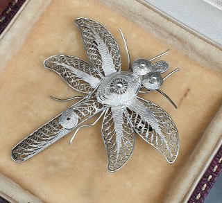 VINTAGE ART DECO JEWELLERY CZECH FILIGREE SOLID 925 SILVER BUG INSECT BROOCH PIN 3