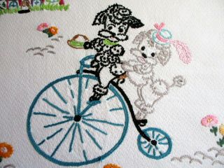Vintage Embroidered Poodles On Bikes Table Runner Or Dresser Scarf