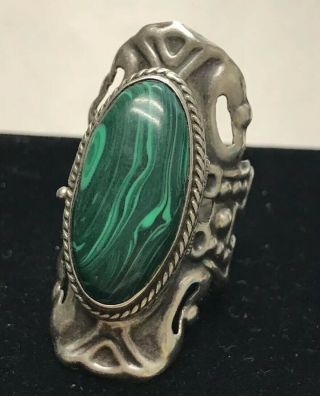 Antique Vintage Natural Green Stone 925 Silver Poison Box Ring Jewelry Mexico