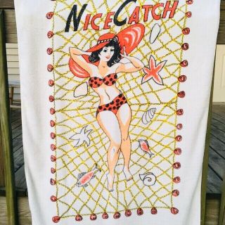 Vintage Pin Up Girl Beach Towel What A Catch Fishing 33 X 61 "