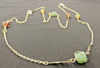 Vintage Goldtone Natural Stone Quartz Polished Pink Green Rust Chain Necklace