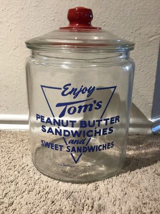 Vintage Tom’s Peanut Butter Sweet Sandwiches Advertising Large Jar Red Knob Lid
