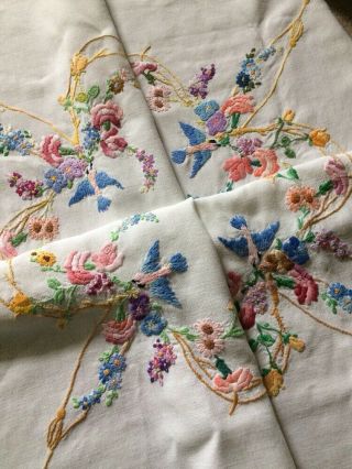 Stunning Vintage Tablecloth Hand Embroidered Birds & Flowers