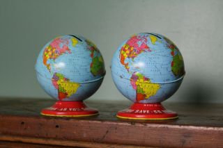 Vintage Ohio Art Co World Globe Bank Piggy Coin Bank Old Toy Pair