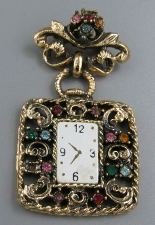 High End Vintage Jewelry Victorian Style Clock Dangle Brooch Pin Rhinestone Lotp