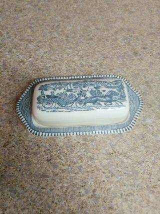 Vintage Royal China Currier & Ives Blue/white Covered Butter Dish