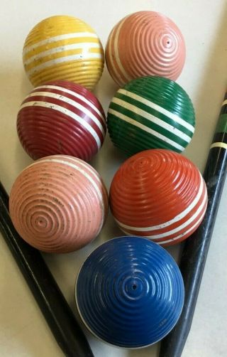 7 Vintage Wood Croquet Balls W Stripes & Ribbed Replacements Or For Decor
