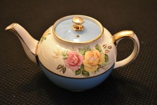 Vintage Sadler Tea Pot Made In Staffordshire England Blue White With Roses