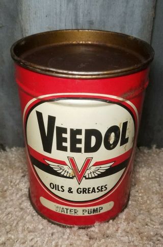 Vintage Veedol Oils & Greases Water Pump Putty Full Oil Can Tin Gas Antique 1lb