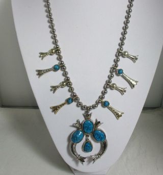 Vintage Signed Art Squash Blossom Necklace Faux Turquoise Cabochons