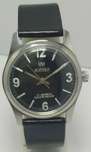 Swiss Made Vintage Roamer Black Dial Hand Winding 17j Wrist Watch Men 