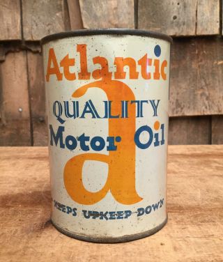 Vintage Atlantic Quality Car Motor Oil 1 Qt Tin Can Gas Service Station Sign