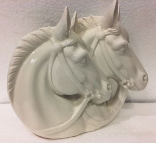 Vintage White Glossy Ceramic Double Horse Head Wall Pocket Planter Figurine EVC 2
