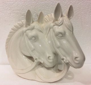 Vintage White Glossy Ceramic Double Horse Head Wall Pocket Planter Figurine EVC 3
