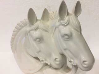 Vintage White Glossy Ceramic Double Horse Head Wall Pocket Planter Figurine EVC 4