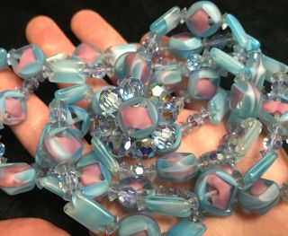 Vintage Pink And Blue Givre Glass Ab Crystal Double Strand Necklace