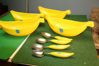 4 Vintage Chiquita Banana Split Bowls With Spoons