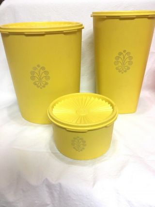 Set Of 3 Tupperware Servalier Canisters Containers Vintage Yellow W/ Lids
