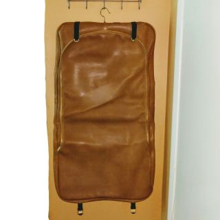 Vintage Hanging Garment Bag Tan Faux Leather Luggage 2 Hangers Removable Strap 5