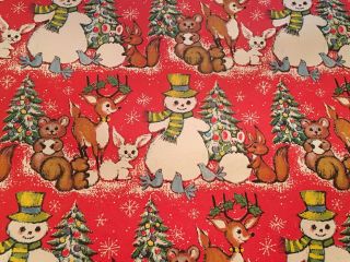 Vtg Christmas 1960 Wrapping Paper Gift Wrap Snowmen Tree Reindeer Bunny Cute