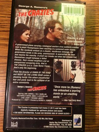 The Crazies VHS Vintage George Romero OOP Horror Film Collector ' s Clamshell Case 3