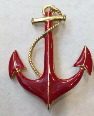 Large Vintage Red Enamel And Gold Tone Anchor Pin Brooch,  Sea,  Ocean,  Rope