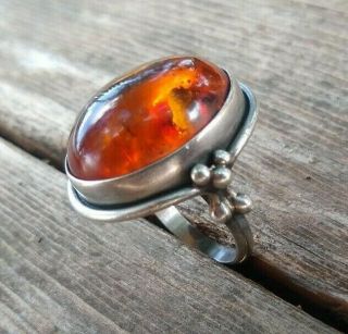 Vintage Sterling Silver And Amber Ring; Size 7 1/4; 11.  1 Grams