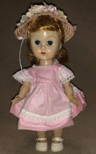 Vintage Vogue Ginny Straight Leg Walker Doll In Pink Dress 1950s Strawberry Hair