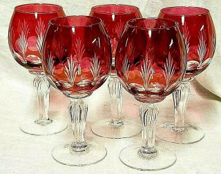 5 Vintage Bohemian Cut To Clear Cranberry Wine Goblets Glasses