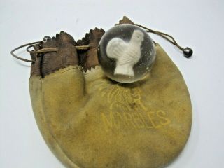 Vintage German Rooster Sulphide Sulfide Marble 1.  5,  " W/ Antique Leather Bag